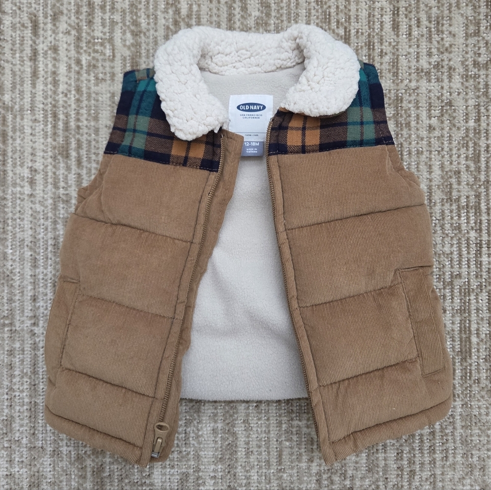 Old Navy Toddler Boy Vest - Light Brown with Plaid Accents
